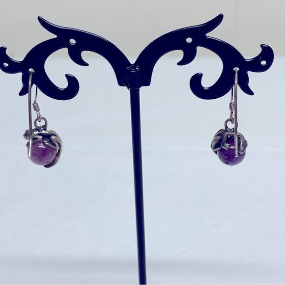 Sterling Silver & Amethyst Gecko Drop Dangle Earrings 1.25” Vintage Gorgeous - Picture 1 of 6